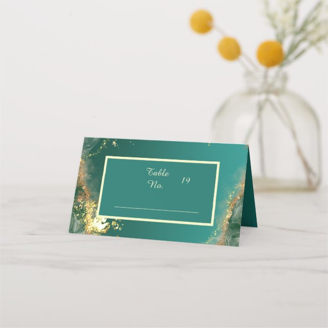 Emerald green gold jewel tones wedding place card (Front)