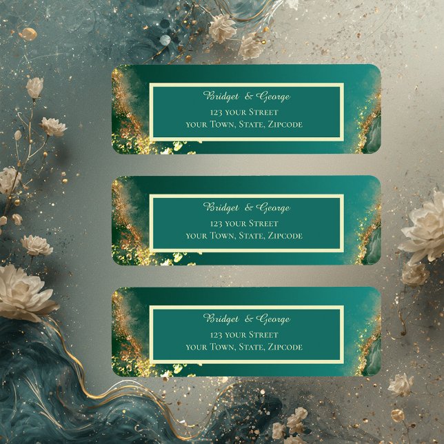 Emerald green gold jewel tones wedding return address label (Creator Uploaded)