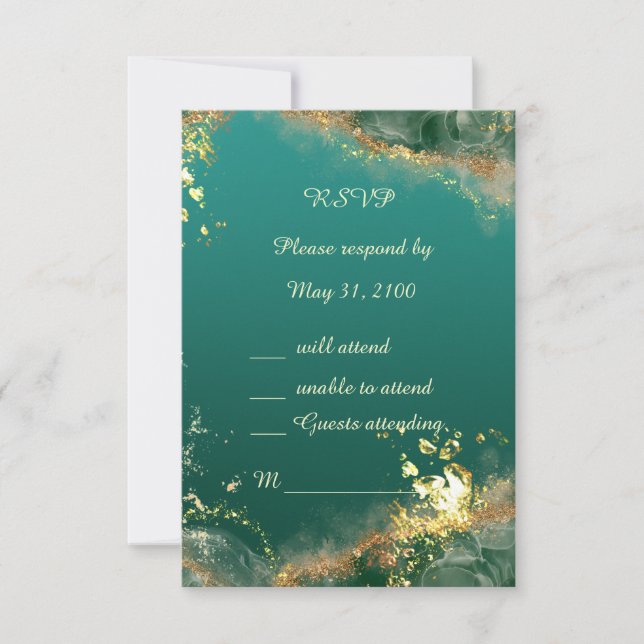 Emerald green gold jewel tones wedding RSVP card (Front)
