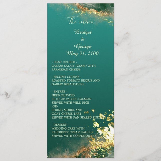 Emerald green gold jewel wedding program & menu (Front)