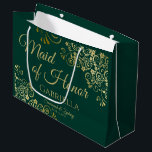 Emerald Green & Gold Lace Maid of Honour Wedding Large Gift Bag<br><div class="desc">This beautiful gift bag is designed as a wedding gift or favour bag for the Maid of Honour. It features a beautiful emerald green background with golden faux foil lace curls and swirls in the corners. The gold script lettering reads "Maid of Honour" with a place to enter her name,...</div>