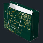 Emerald Green & Gold Lace Maid of Honour Wedding Large Gift Bag<br><div class="desc">This beautiful gift bag is designed as a wedding gift or favour bag for the Maid of Honour. It features a beautiful emerald green background with golden faux foil lace curls and swirls in the corners. The gold script lettering reads "Maid of Honour" with a place to enter her name,...</div>