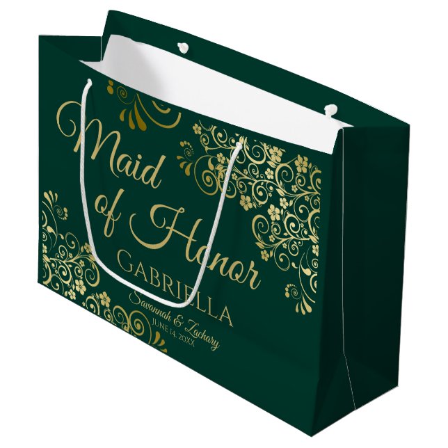 Emerald Green & Gold Lace Maid of Honour Wedding Large Gift Bag (Front Angled)