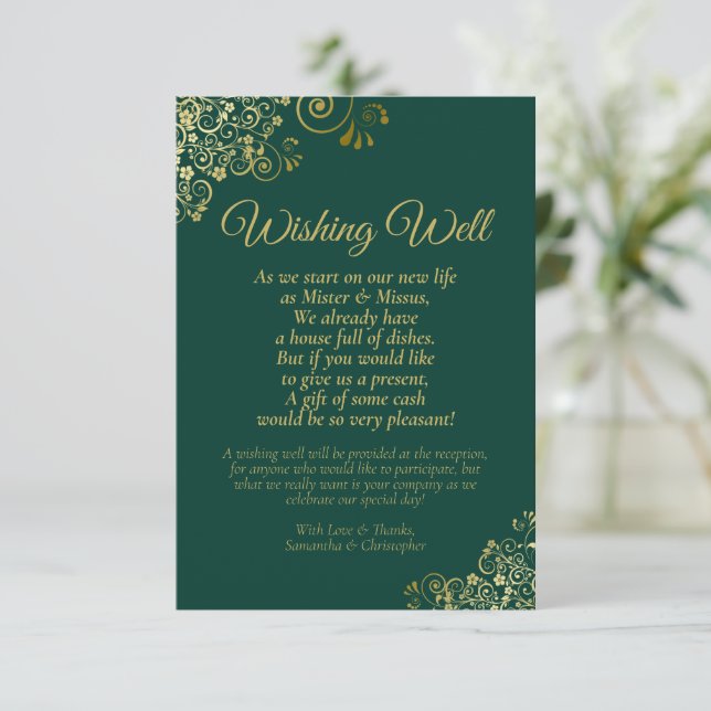 Emerald Green Gold Lace Wedding Wishing Well Poem Enclosure Card (Standing Front)