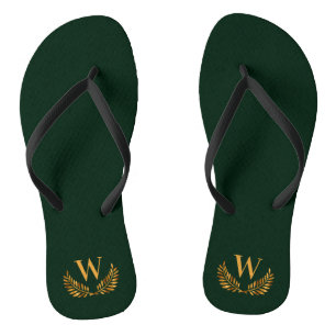 Emerald green gold laurel wreath monogram initial thongs