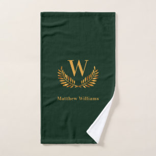 Emerald green gold laurel wreath name monogram bath towel set