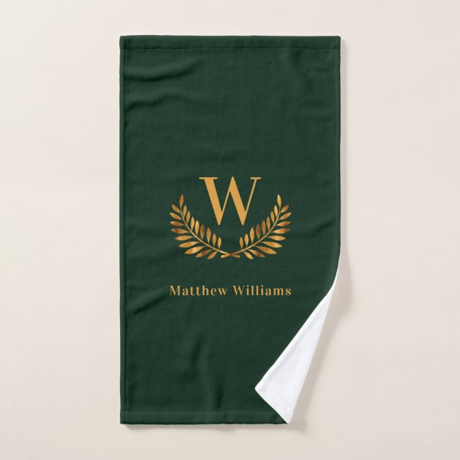 Emerald green gold laurel wreath name monogram bath towel set (Hand Towel)