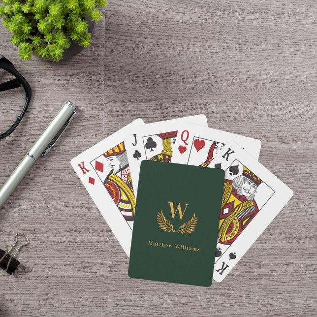 Emerald green gold laurel wreath name monogram playing cards (Creator Uploaded)