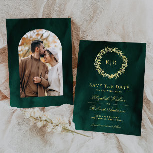 Emerald Green Gold Leaf Branch Wedding Photo Save The Date