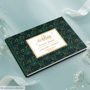 Emerald green gold leaves wedding guest book 