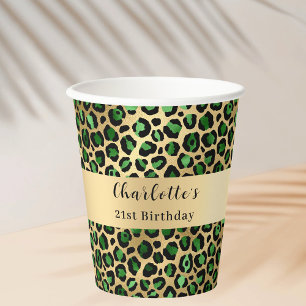 Emerald green gold leopard birthday paper cups