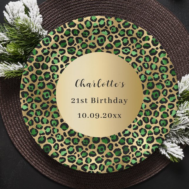 Emerald green gold leopard birthday paper plate (Creator Uploaded)