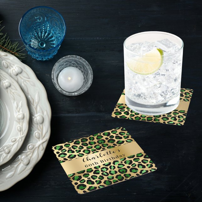 Emerald green gold leopard birthday square paper coaster (Creator Uploaded)