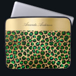 Emerald green gold leopard black pattern name laptop sleeve<br><div class="desc">Emerald green and faux gold leopard pattern as background.  Personalise and add your name. The name is written with an elegant and modern hand lettered style script.</div>