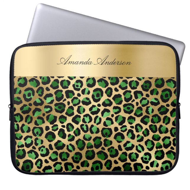 Emerald green gold leopard black pattern name laptop sleeve (Front)