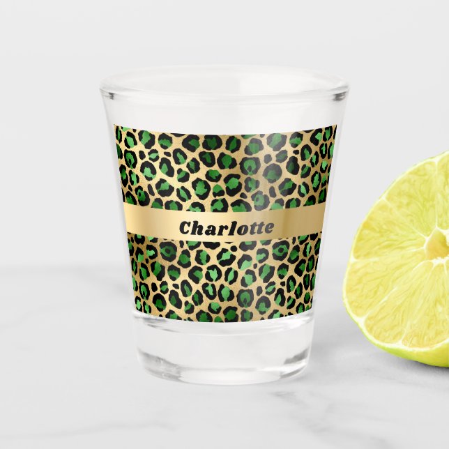 Emerald green gold leopard cheetah pattern name shot glass (Front)