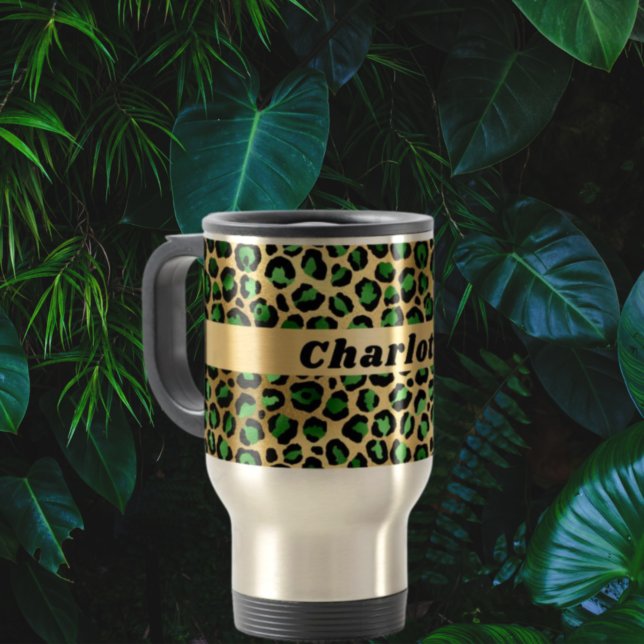 Emerald green gold leopard cheetah pattern name travel mug (Creator Uploaded)