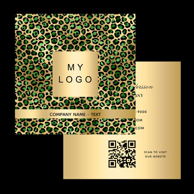 Emerald green gold leopard logo QR code Square Business Card (Creator Uploaded)
