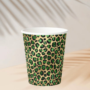 Emerald green gold leopard party paper cups