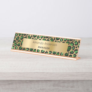 Emerald green gold leopard pattern desk name plate