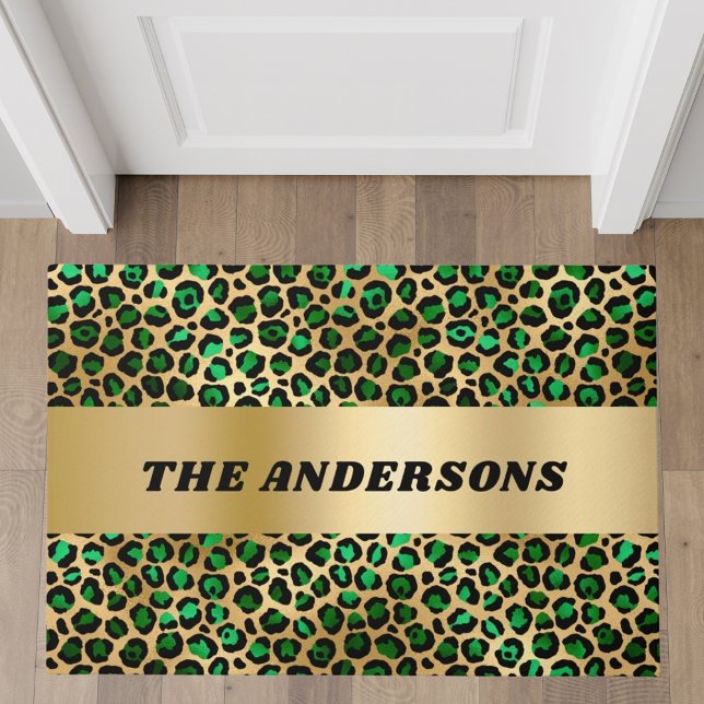 Emerald green gold leopard pattern family name doormat (Creator Uploaded)