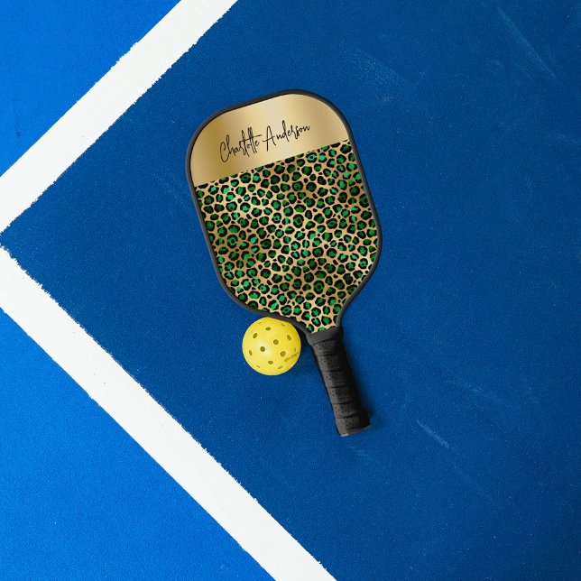Emerald green gold leopard pattern name script pickleball paddle (Creator Uploaded)