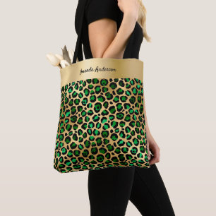 Emerald green gold leopard pattern name  tote bag