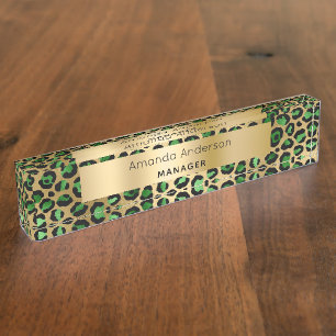 Emerald green gold leopard pattern nameplate