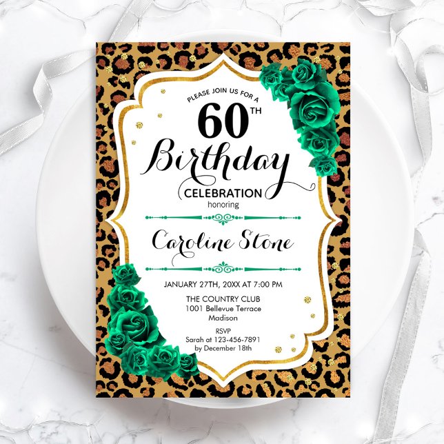 Emerald Green Gold Leopard Print 60th Birthday Invitation (Creator Uploaded)