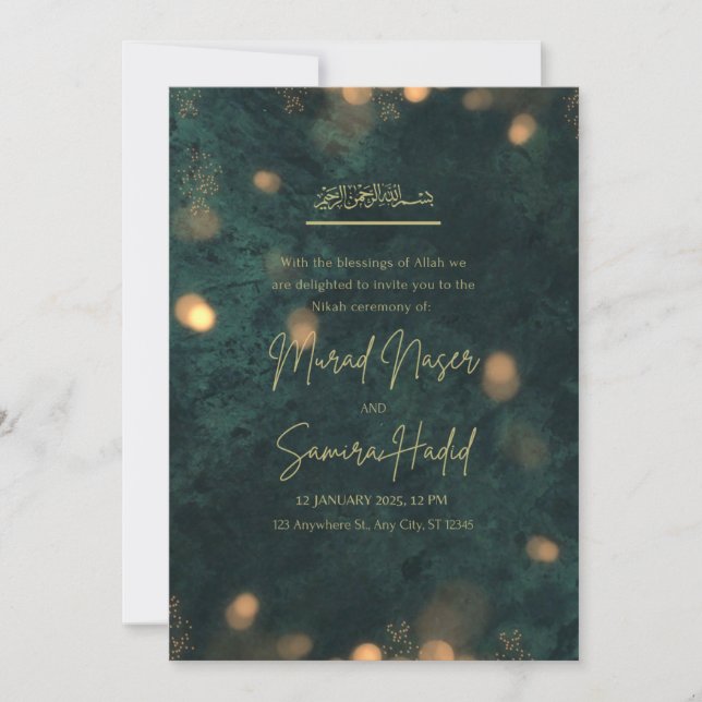 Emerald Green Gold Lights Islamic Wedding Invite (Front)