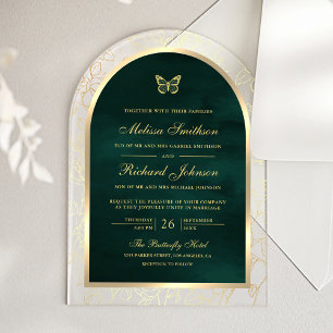 Emerald Green Gold Line Art Arch Butterfly Wedding Acrylic Invitations