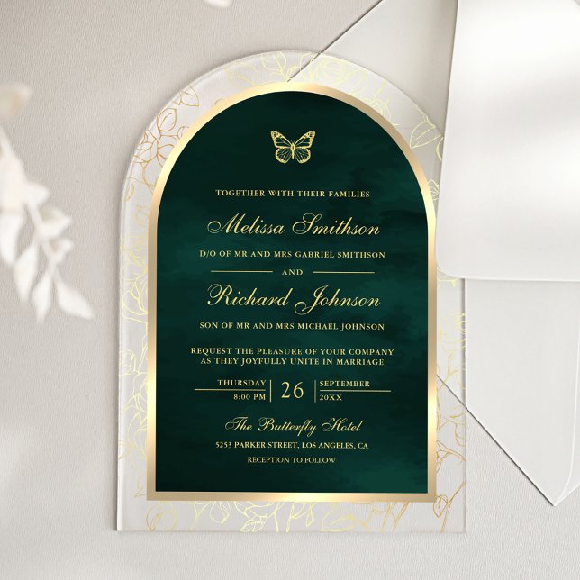 Emerald Green Gold Line Art Arch Butterfly Wedding Acrylic Invitations (Creator Uploaded)