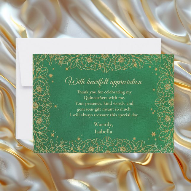 Emerald Green Gold Line Art Floral Quinceañera  RSVP Card (Elegant emerald green and gold Quinceañera Thank You card)