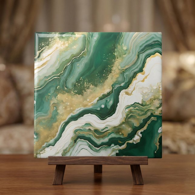 Emerald Green & Gold Marble Agate Abstract Ceramic Tile (Creator Uploaded)