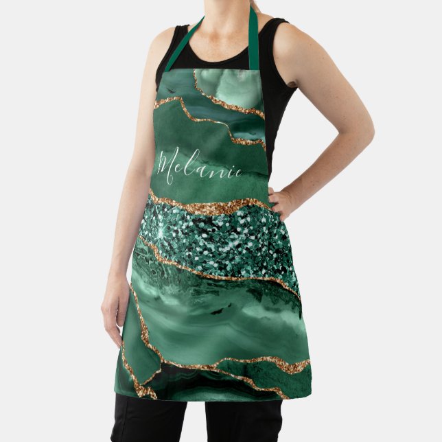 Emerald Green Gold Marble Custom Name Apron Gift (Insitu)