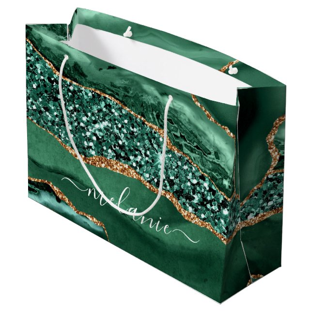 Emerald Green Gold Marble Custom Name Gift Bag (Back Angled)