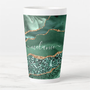 Emerald Green Gold Marble Custom Name Latte Mug