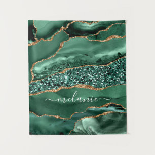 Emerald Green Gold Marble Custom Name Tapestry