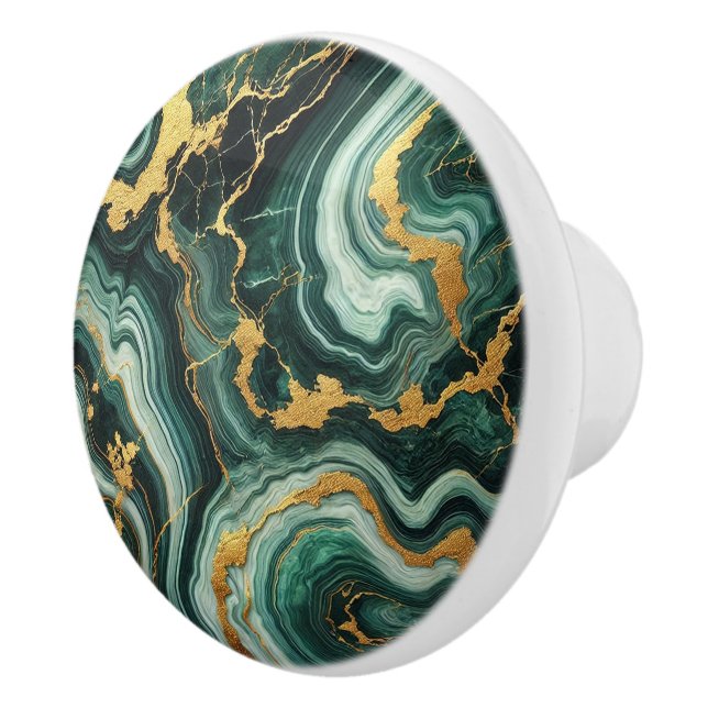 Emerald Green & Gold Marble Look Glam  Ceramic Knob (Right)