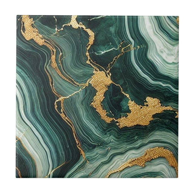 Emerald Green & Gold Marble Look Glam  Ceramic Tile (Front)