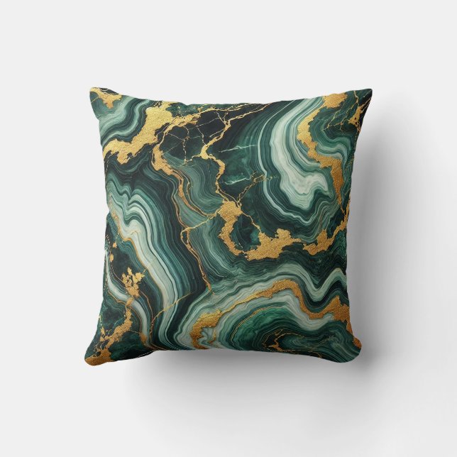 Emerald Green & Gold Marble Look Glam Wedding  Cushion (Back)