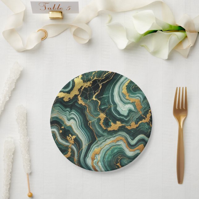 Emerald Green & Gold Marble Look Glam Wedding  Paper Plate (Wedding)