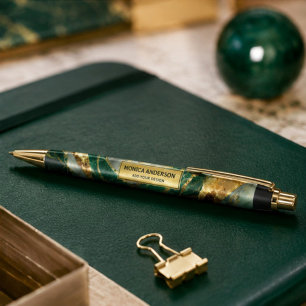 Emerald Green Gold Marble Metallic Luxury Geode Black Ink Pen