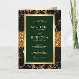 Emerald Green Gold Marble Photo QR Code Wedding Invitation