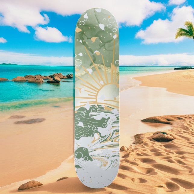 Emerald Green & Gold Marble Sea Ocean Waves Skateboard (Creator Uploaded)