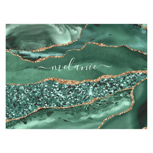 Emerald Green Gold Marble Tablecloth Custom Name (Front (Horizontal))