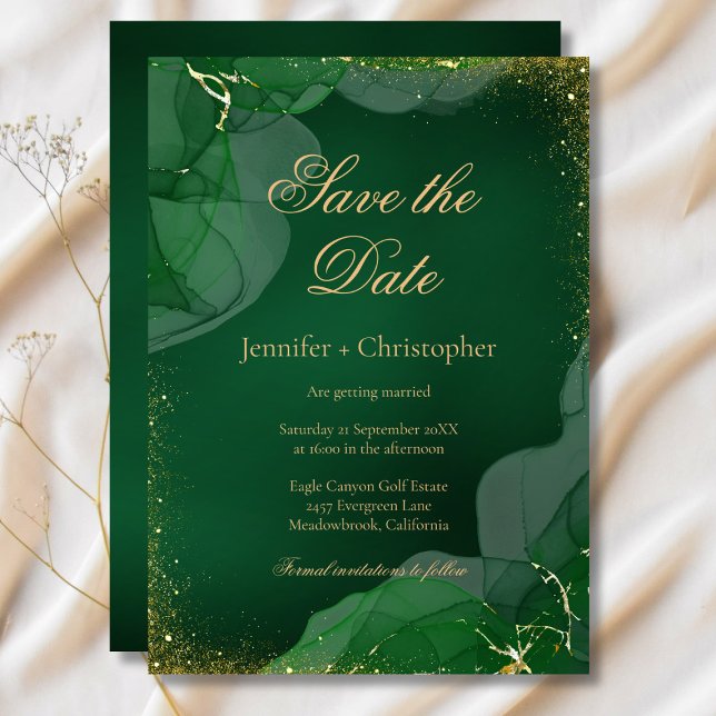 Emerald Green Gold Marble Wedding Save The Date Invitation (Emerald Green Gold Marble Wedding Save The Date Invitation)