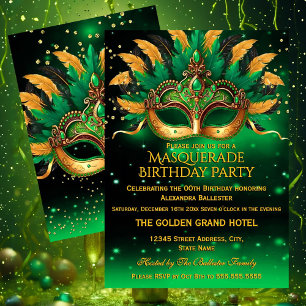 Emerald Green Gold Masks Masquerade Birthday Party Invitation