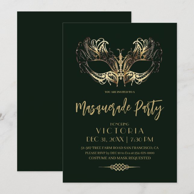 Emerald Green Gold Masquerade Party Birthday Invitation (Front/Back)