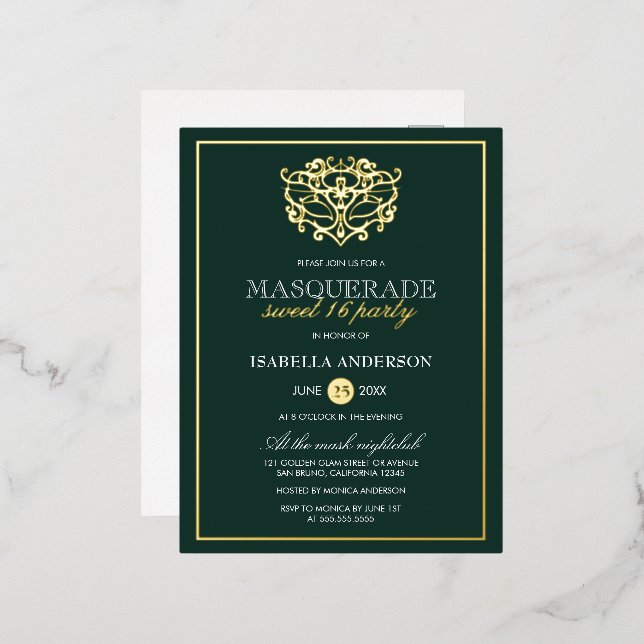 Emerald Green & Gold Masquerade Sweet 16 Party Foil Invitation Postcard (Front/Back)